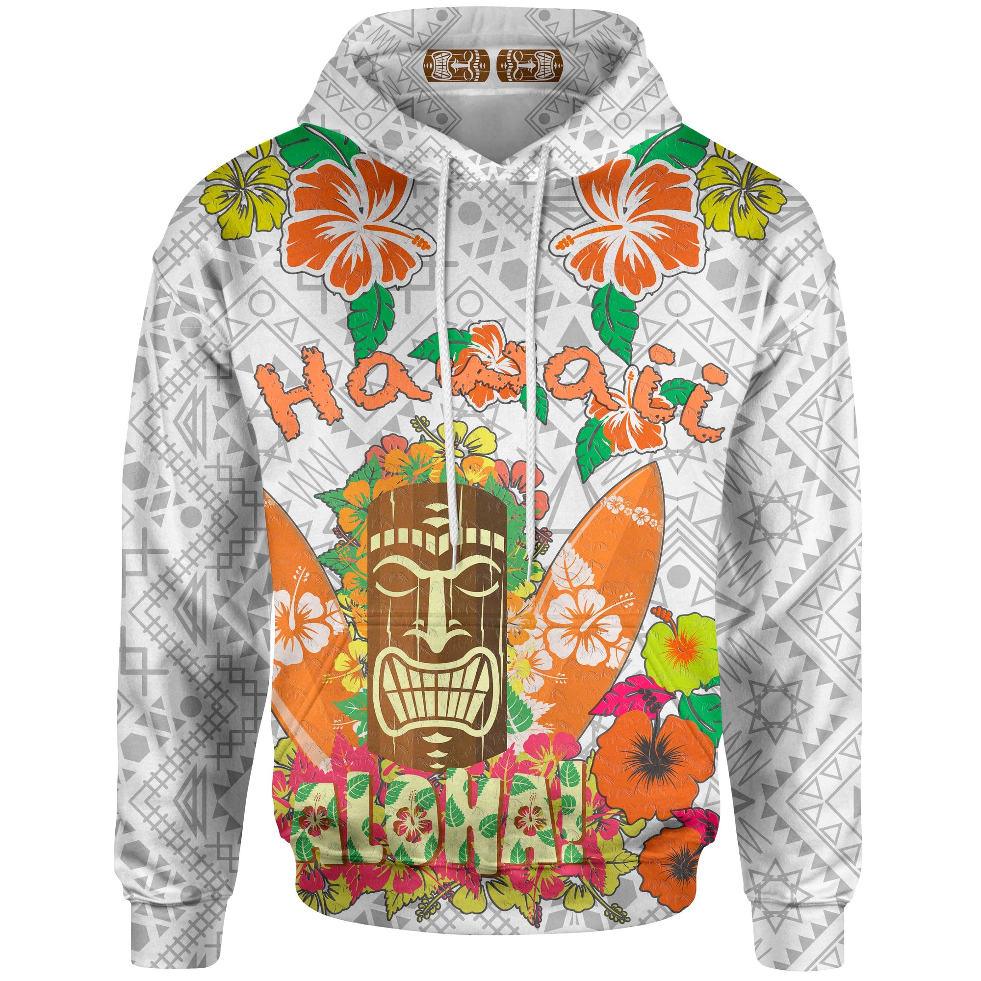 Hawaii Hoodie loha Hawaii Tiki Statue(White) Unisex White - Polynesian Pride