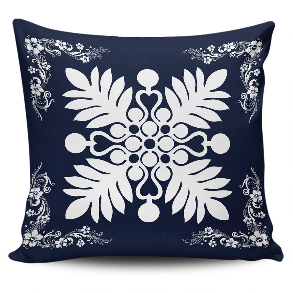 Hawaiian Quilt Maui Plant And Hibiscus Pattern Pillow Covers - White Indigo - AH One Size White - Polynesian Pride