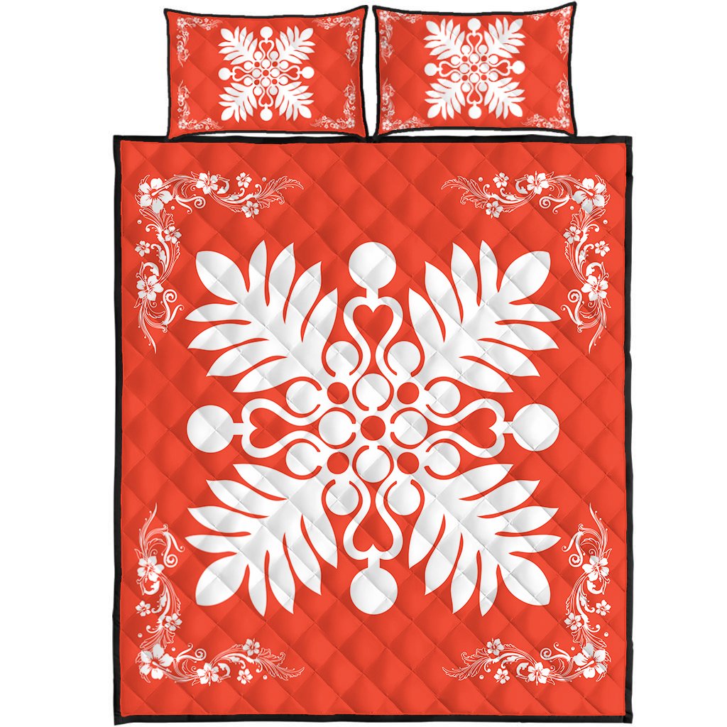 Hawaiian Quilt Maui Plant And Hibiscus Pattern Quilt Bed Set - White Orange - AH White - Polynesian Pride