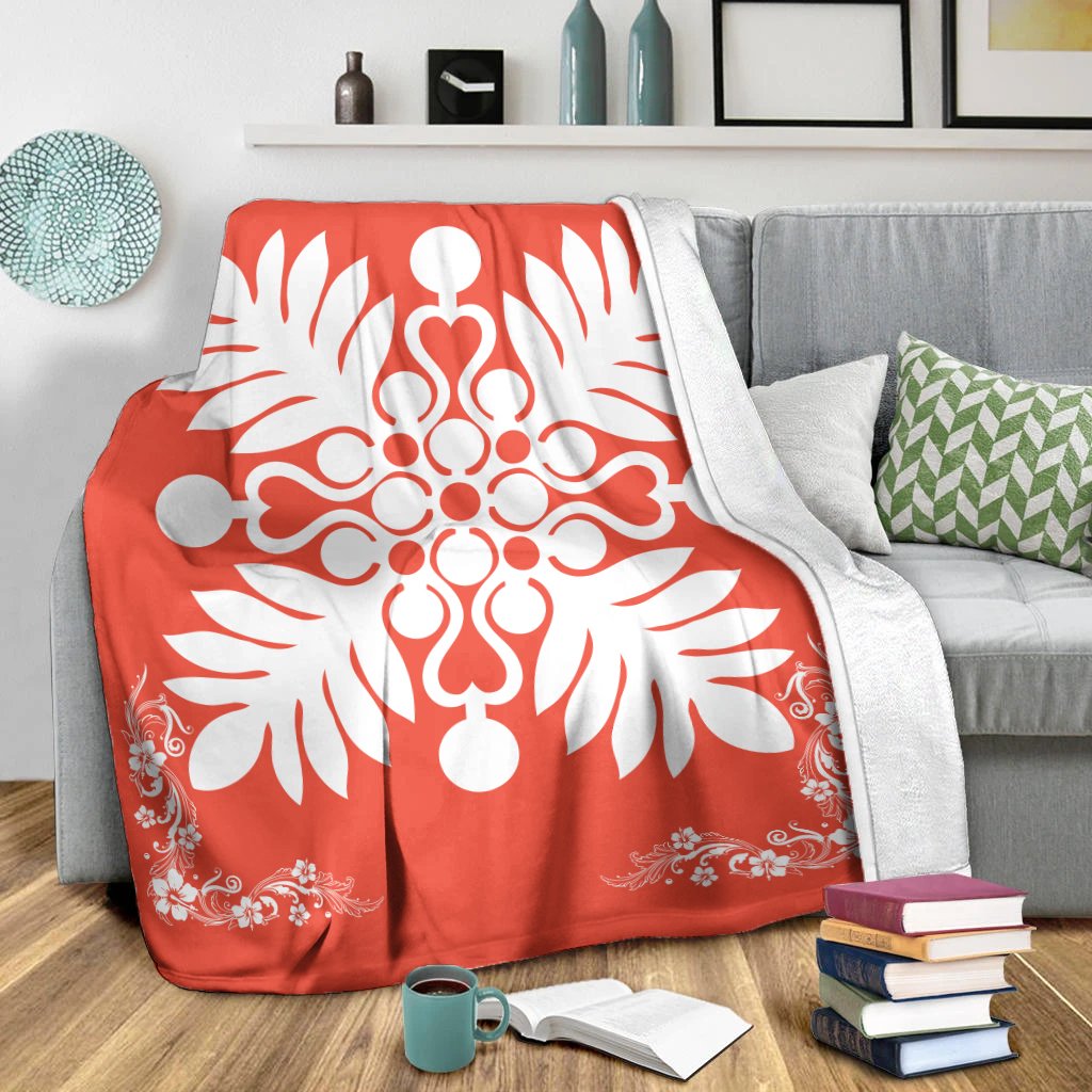 Hawaiian Quilt Maui Plant And Hibiscus Premium Blanket - White Orange - AH - Polynesian Pride