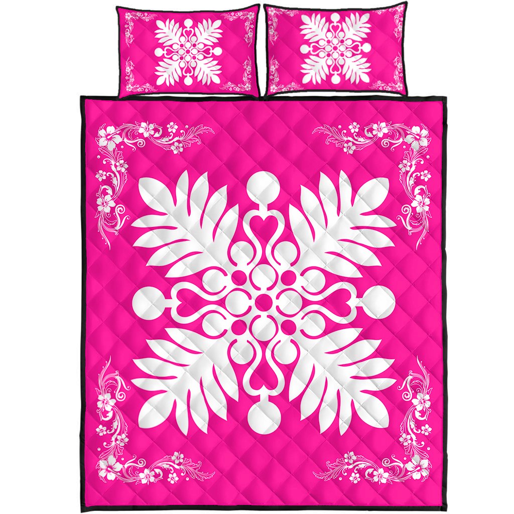 Hawaiian Quilt Maui Plant And Hibiscus Pattern Quilt Bed Set - White Pink - AH White - Polynesian Pride