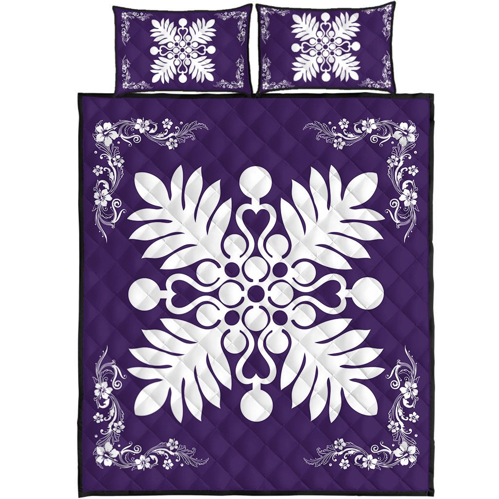 Hawaiian Quilt Maui Plant And Hibiscus Pattern Quilt Bed Set - White Purple - AH White - Polynesian Pride