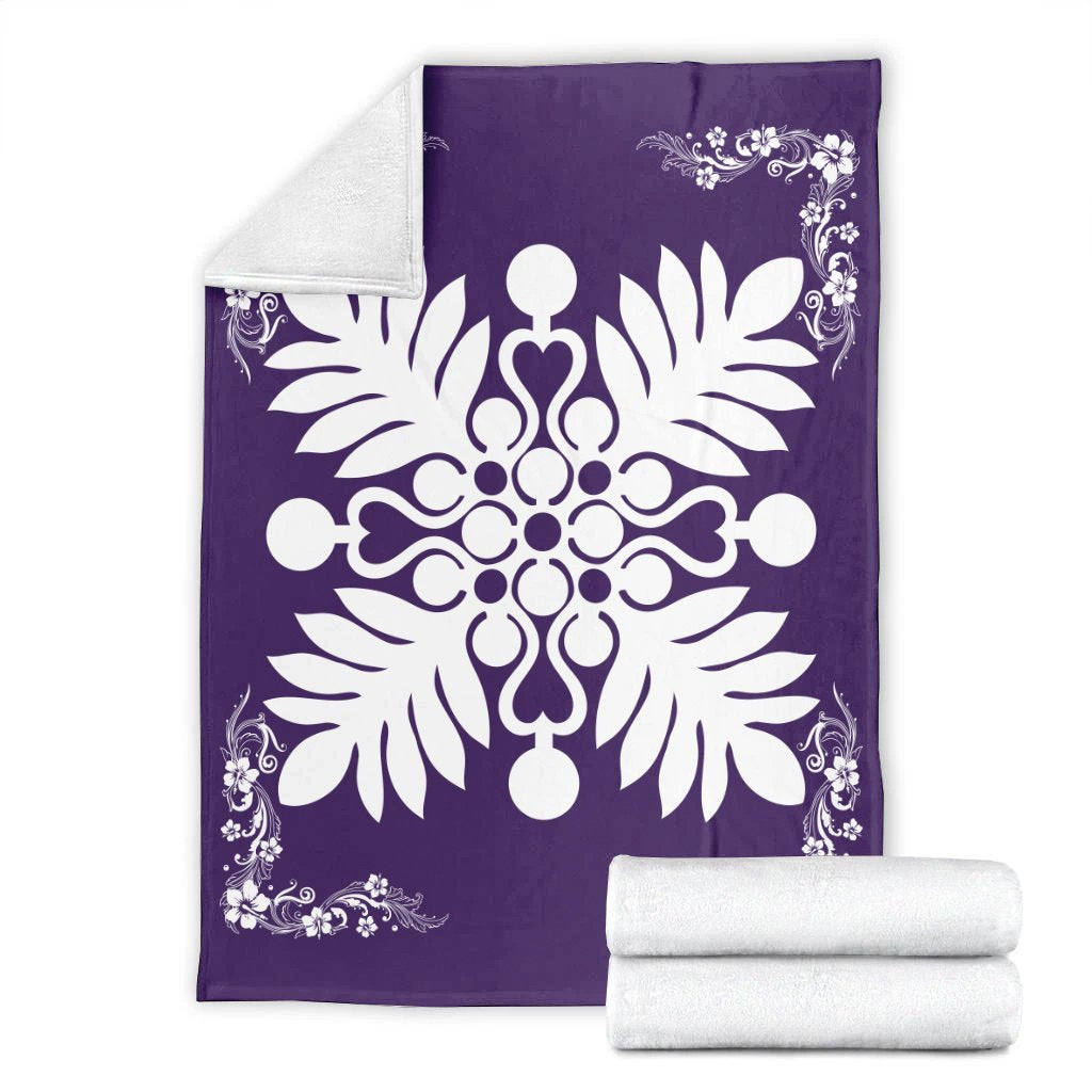Hawaiian Quilt Maui Plant And Hibiscus Premium Blanket - White Purple - AH - Polynesian Pride