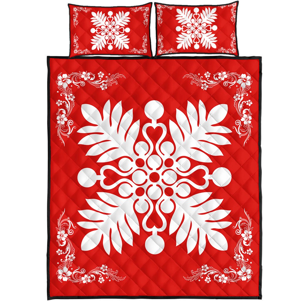 Hawaiian Quilt Maui Plant And Hibiscus Pattern Quilt Bed Set - White Red - AH White - Polynesian Pride