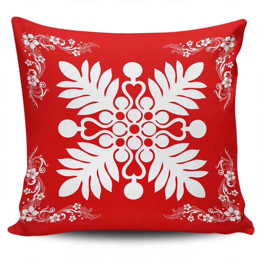 Hawaiian Quilt Maui Plant And Hibiscus Pattern Pillow Covers - White Red - AH One Size White - Polynesian Pride