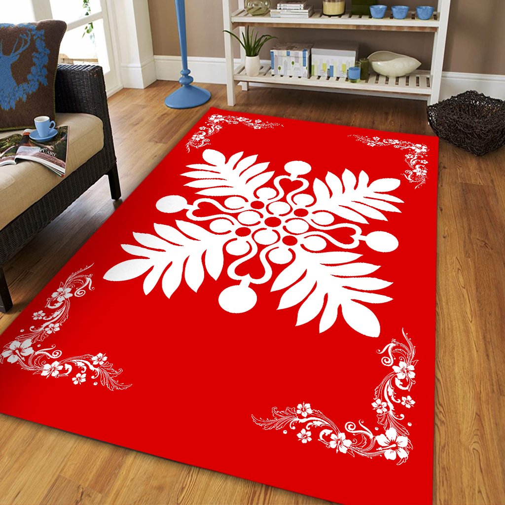 Hawaiian Quilt Maui Plant And Hibiscus Pattern Area Rug - White Red - AH - Polynesian Pride