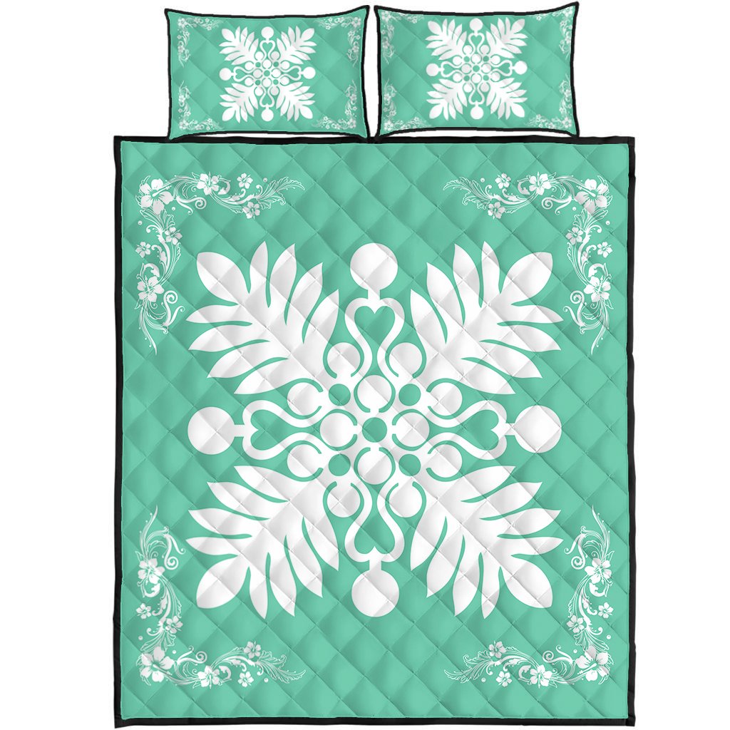 Hawaiian Quilt Maui Plant And Hibiscus Pattern Quilt Bed Set - White Seafoarm - AH White - Polynesian Pride