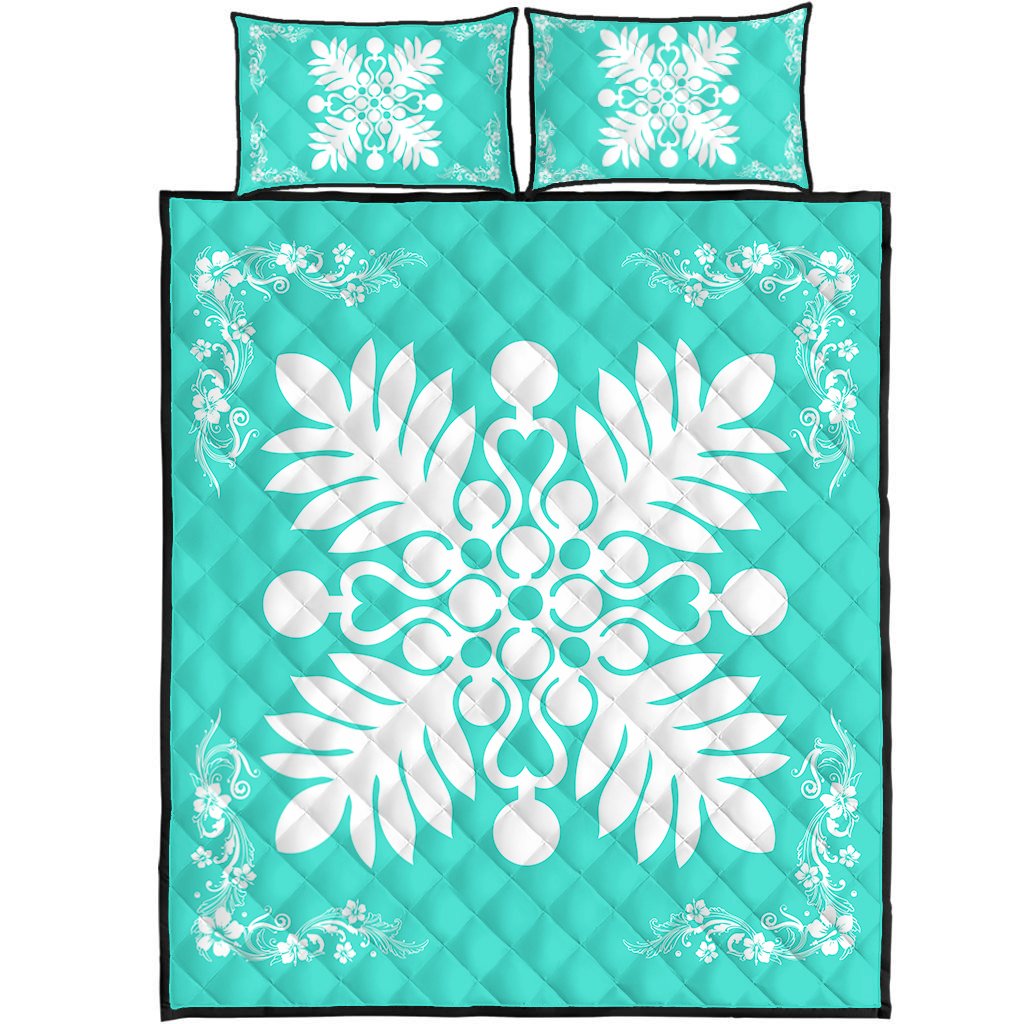 Hawaiian Quilt Maui Plant And Hibiscus Pattern Quilt Bed Set - White Turquoise - AH White - Polynesian Pride