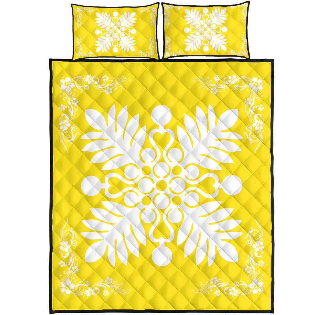 Hawaiian Quilt Maui Plant And Hibiscus Pattern Quilt Bed Set - White Yellow - AH White - Polynesian Pride