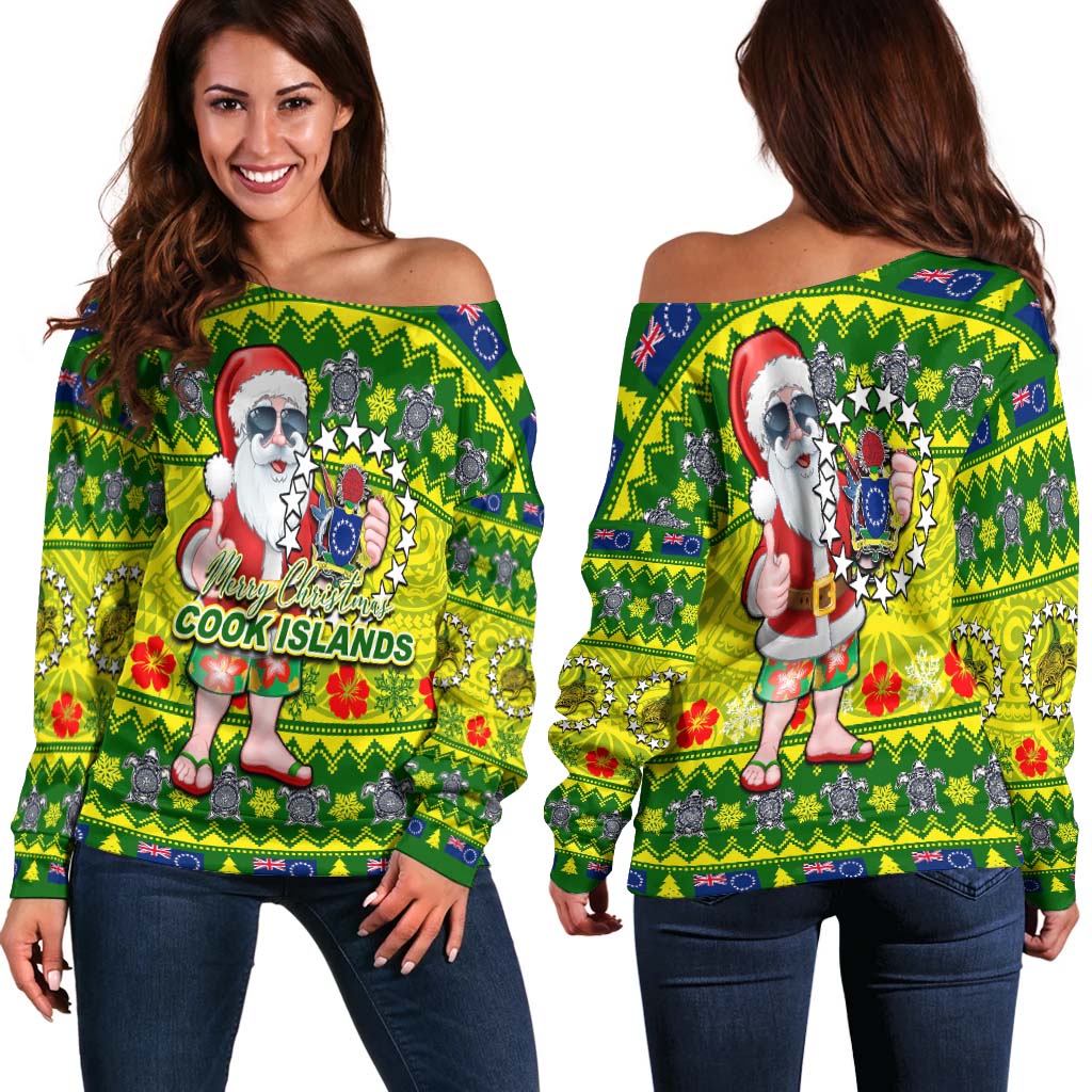 Cook Islands Christmas Women's Off Shoulder Sweater Cool Santa Claus LT6 - Polynesian Pride