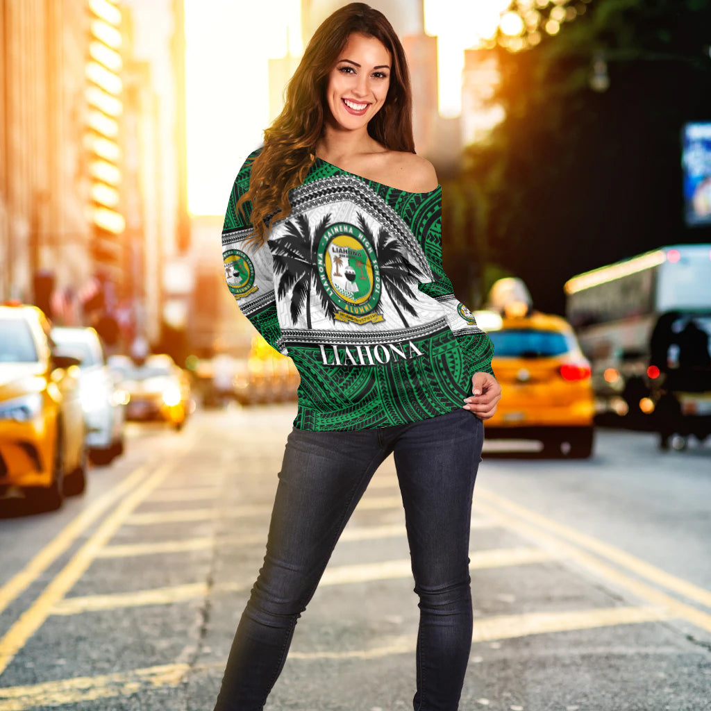 Tonga Liahona High School Women's Off Shoulder Sweatshirt Polynesian Patterns LT6 Green - Polynesian Pride