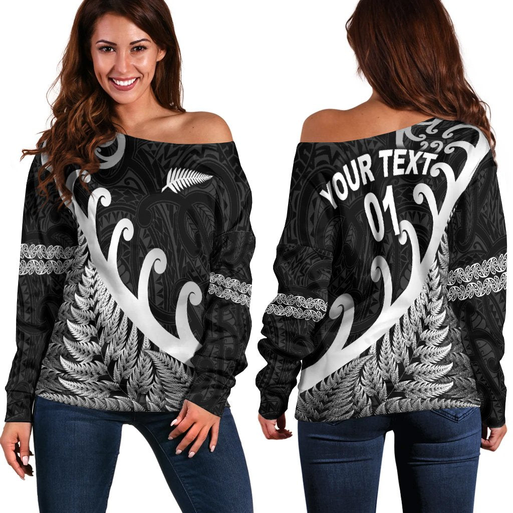 (Custom Personalised) New Zealand Rugby Maori Women Off Shoulder Sweater Silver Fern Koru Vibes - Black LT8 - Polynesian Pride