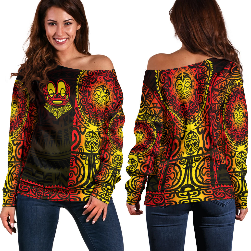 Marquesas Islands Women Off Shoulder Marquesan Tattoo Unique Style - Gradient Red LT8 - Polynesian Pride