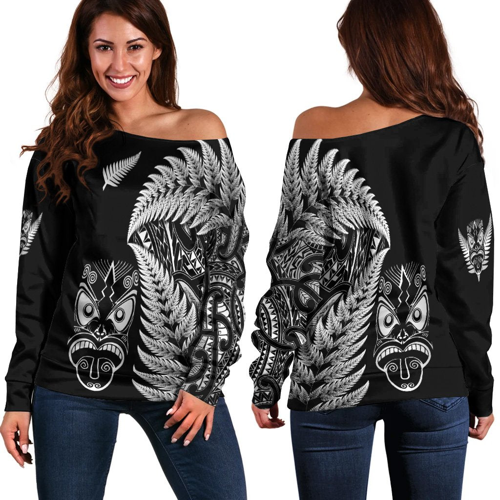 New Zealand Haka Rugby Maori Women Off Shoulder Sweater Silver Fern Vibes - Black LT8 - Polynesian Pride