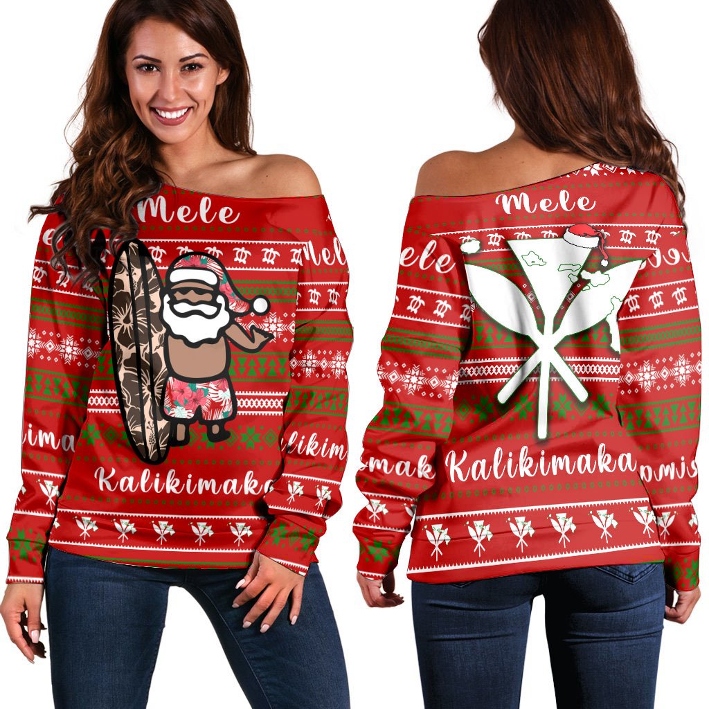 Hawaii Christmas Santa Claus Surf Women's Off Shoulder Sweater - Fun Style - AH Red - Polynesian Pride