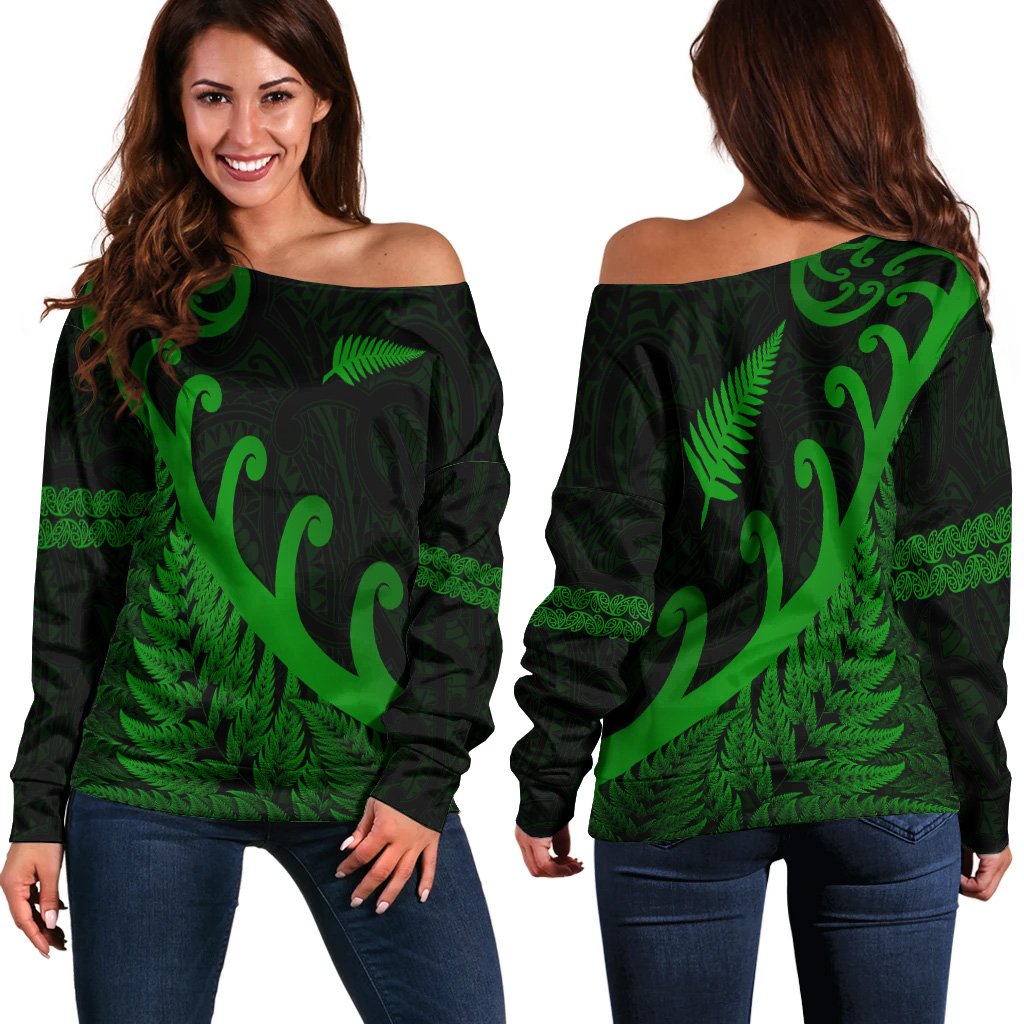 New Zealand Rugby Maori Women Off Shoulder Sweater Silver Fern Koru Vibes - Green LT8 - Polynesian Pride