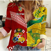 Tonga Ikale Tahi Ngatu And Australia Wallabies Aboriginal Woman Casual Shirt Rugby Together LT8 Female - Polynesian Pride