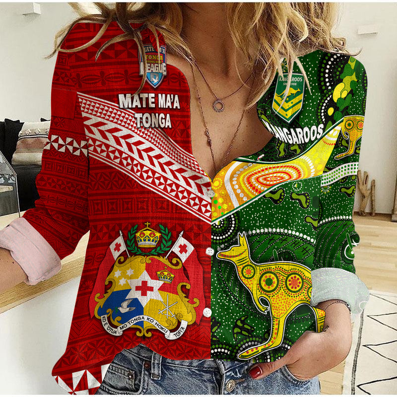 (Custom Personalised) Mate Ma'a Tonga Ngatu And Australia Kangaroos Aboriginal Woman Casual Shirt Rugby Together LT8 Female - Polynesian Pride