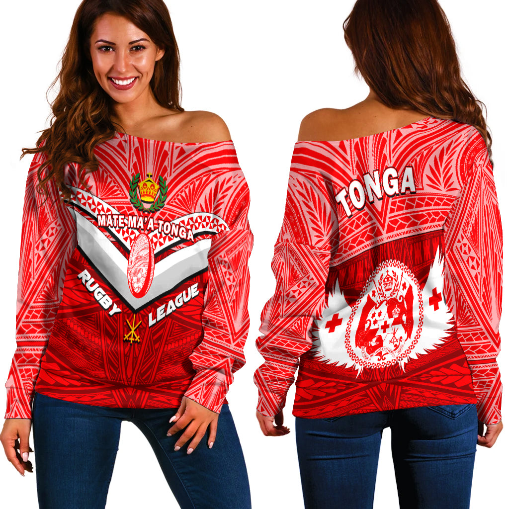 Tonga Rugby Mate Ma'a Tonga Tapa Pattern Women Off Shoulder Sweater - LT2 Women RED - Polynesian Pride