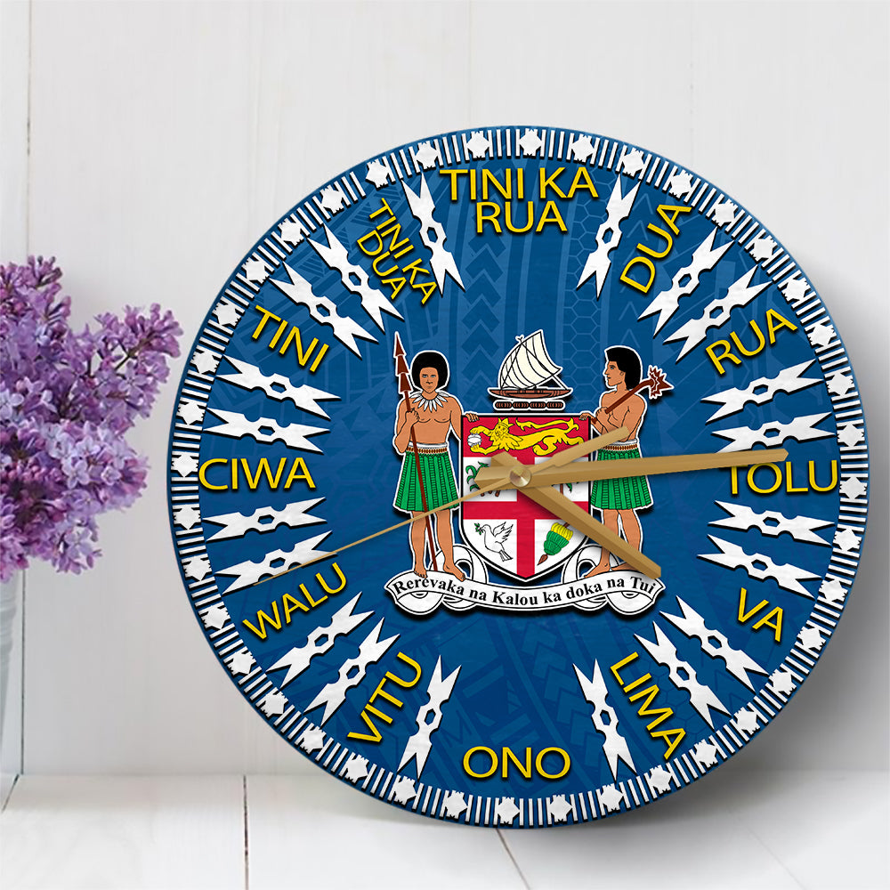 Fiji Language Wall Clock Polynesian With Coat Of Arms Blue LT6 30 cm Blue - Polynesian Pride