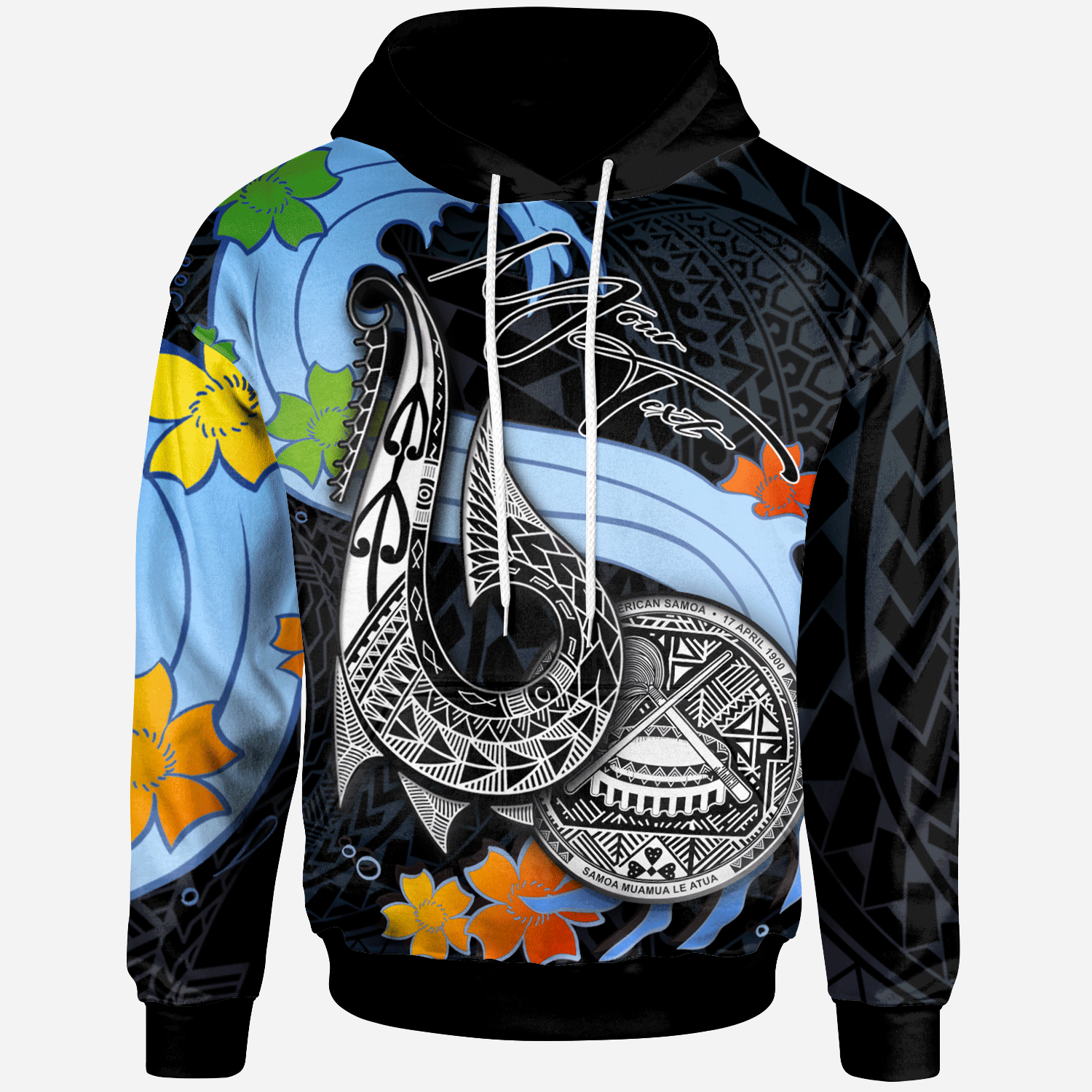 American Samoa Custom Hoodie Fish Hooks and Wave Unisex Black - Polynesian Pride