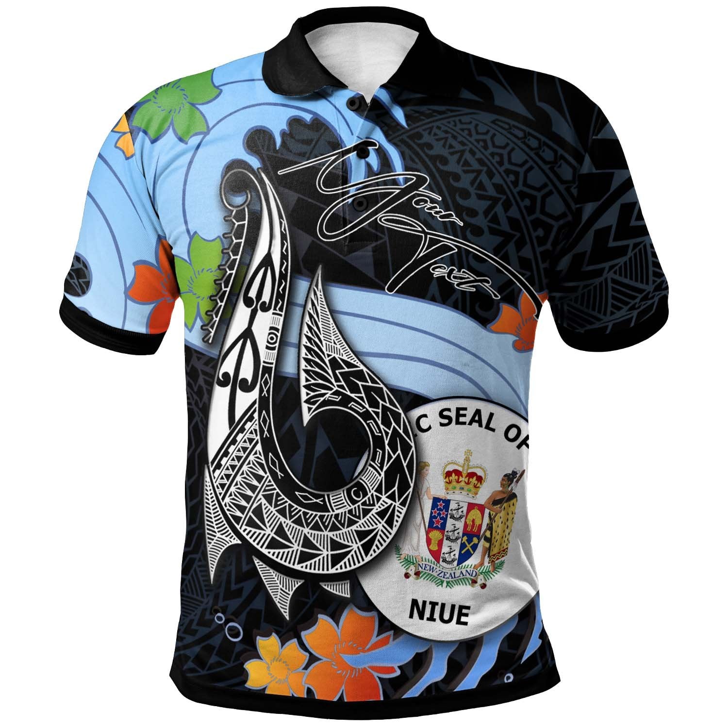 Niue Custom Polo Shirt Fish Hooks and Wave Unisex Black - Polynesian Pride