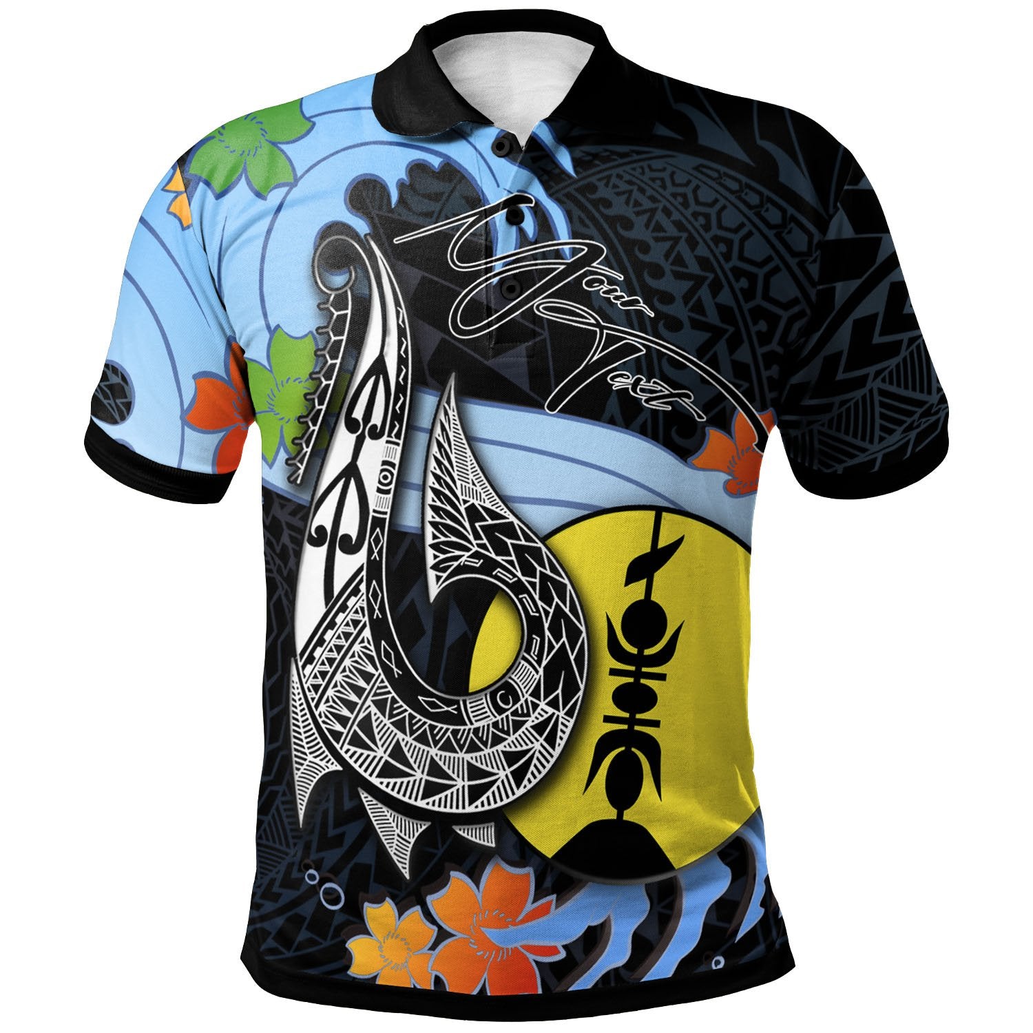 New Caledonia Custom Polo Shirt Fish Hooks and Wave Unisex Black - Polynesian Pride