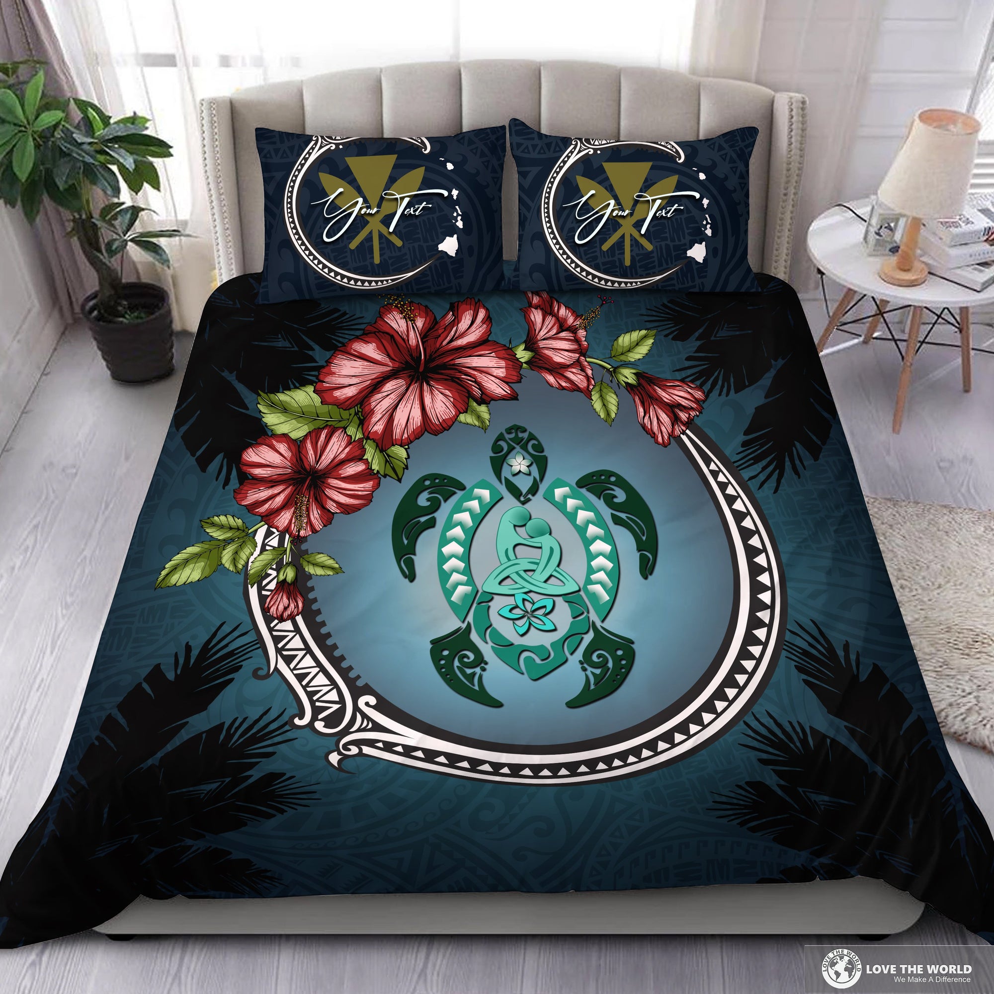 (Custom) Kanaka Maoli (Hawaiian) Bedding Set - Polynesian Ohana Turtle Hibiscus Mother Son Personal Signature Blue - Polynesian Pride