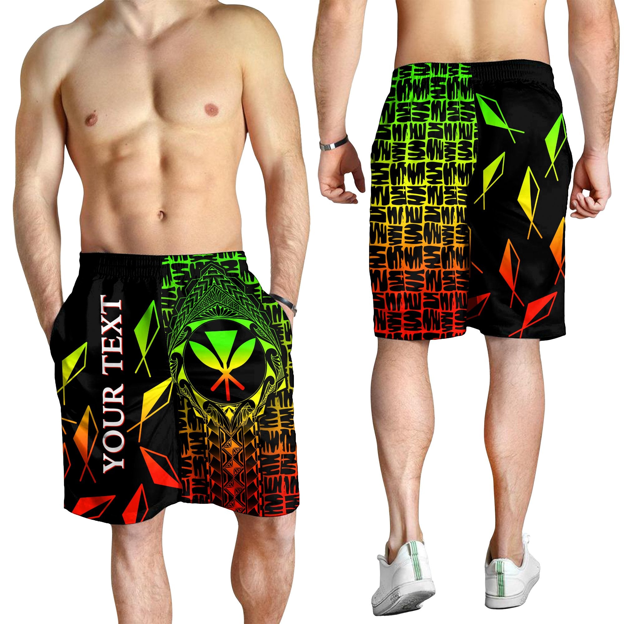 Hawaii Custom Personalised Men's Shorts - Kanaka Maoli Rocket Style (Reggae) Black - Polynesian Pride