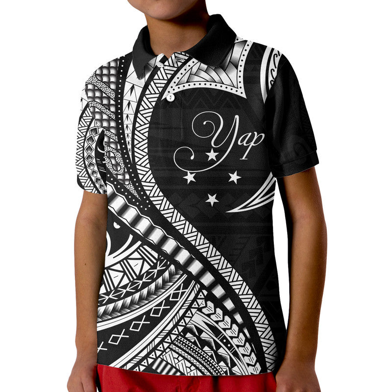 Yap Polo Shirt Federated States of Micronesia Black Wave Style LT9 Kid Black - Polynesian Pride