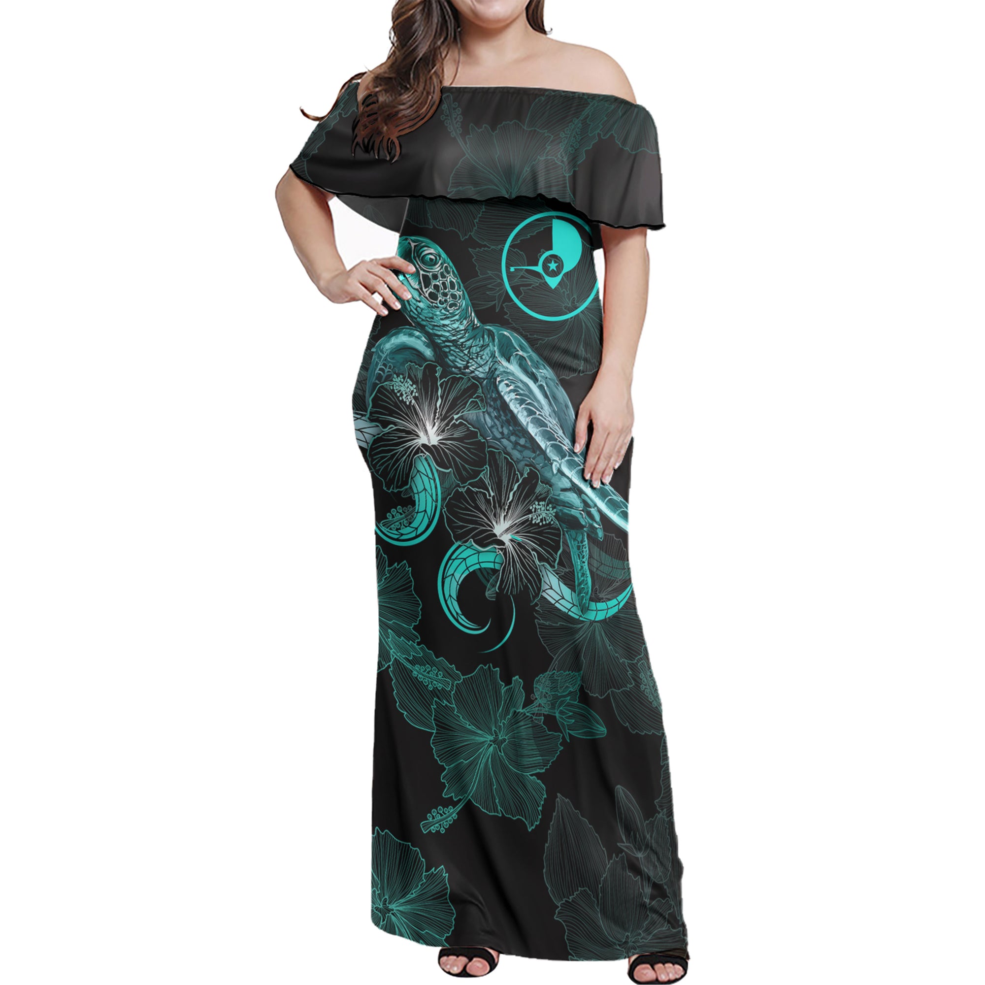 Yap Off Shoulder Long Dress - Yap Coat Of Arms With Polynesian Turtle Blooming Hibiscus Turquoise Women Turquoise - Polynesian Pride