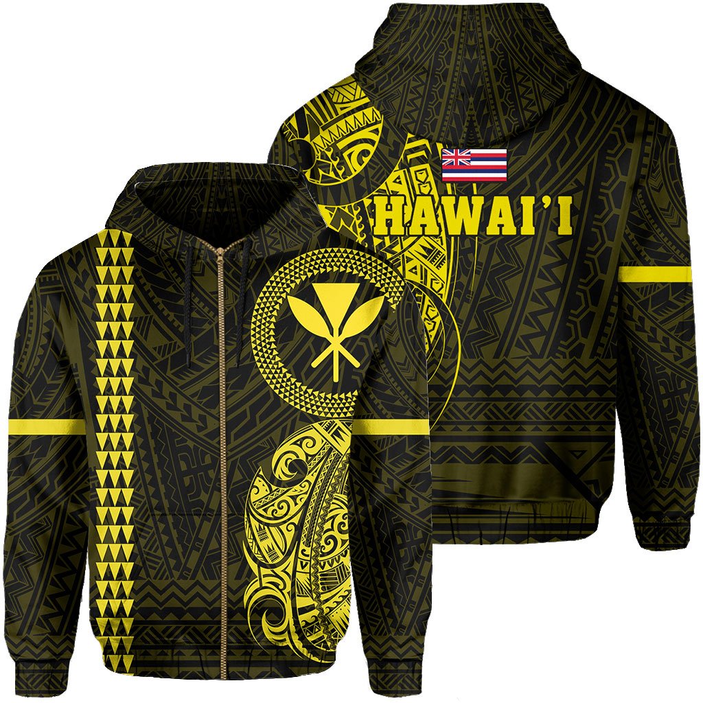 Polynesian Kakau Kanaka Flag of Hawaii Zip Hoodie Yellow Unisex Yellow - Polynesian Pride
