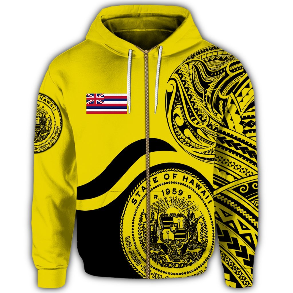 Hawaii Coat of Arms Zip Hoodie Waveshape Style Yellow - Polynesian Pride