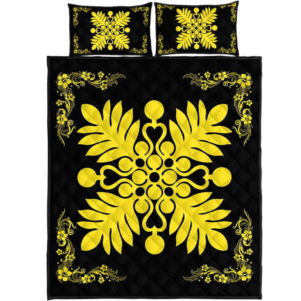 Hawaiian Quilt Maui Plant And Hibiscus Pattern Quilt Bed Set - Yellow Black - AH Yellow - Polynesian Pride