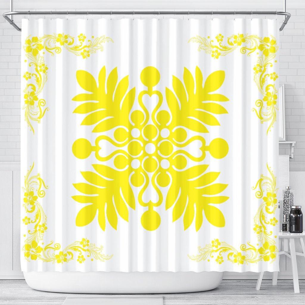 Hawaiian Quilt Maui Plant And Hibiscus Shower Curtain - Yellow White - AH 177 x 172 (cm) Yellow - Polynesian Pride