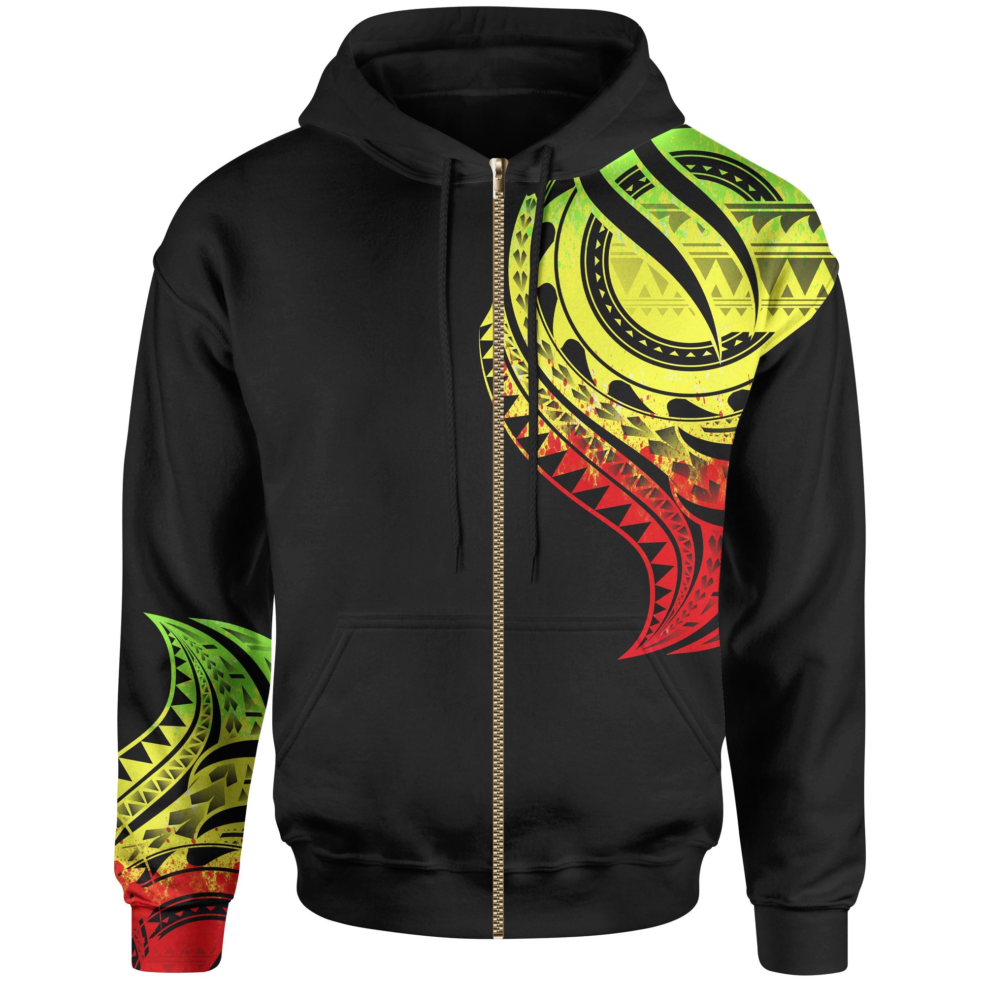 Cook Islands Zip Hoodie Cook Islands Tatau Reggae Patterns With Coat of Arms Unisex Black - Polynesian Pride