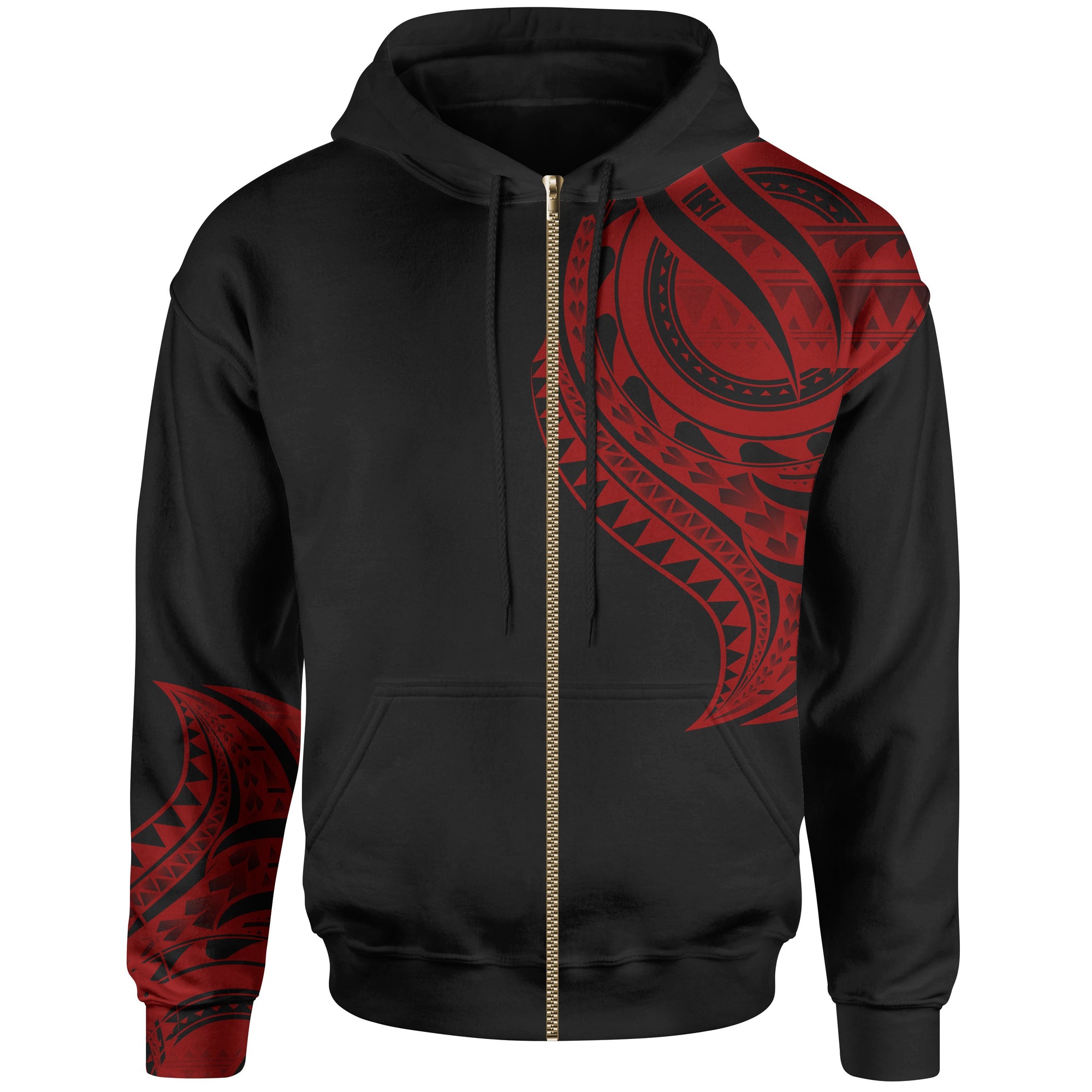 Solomon Islands Zip Hoodie Solomon Islands Tatau Red Patterns With Coat of Arms Unisex Black - Polynesian Pride