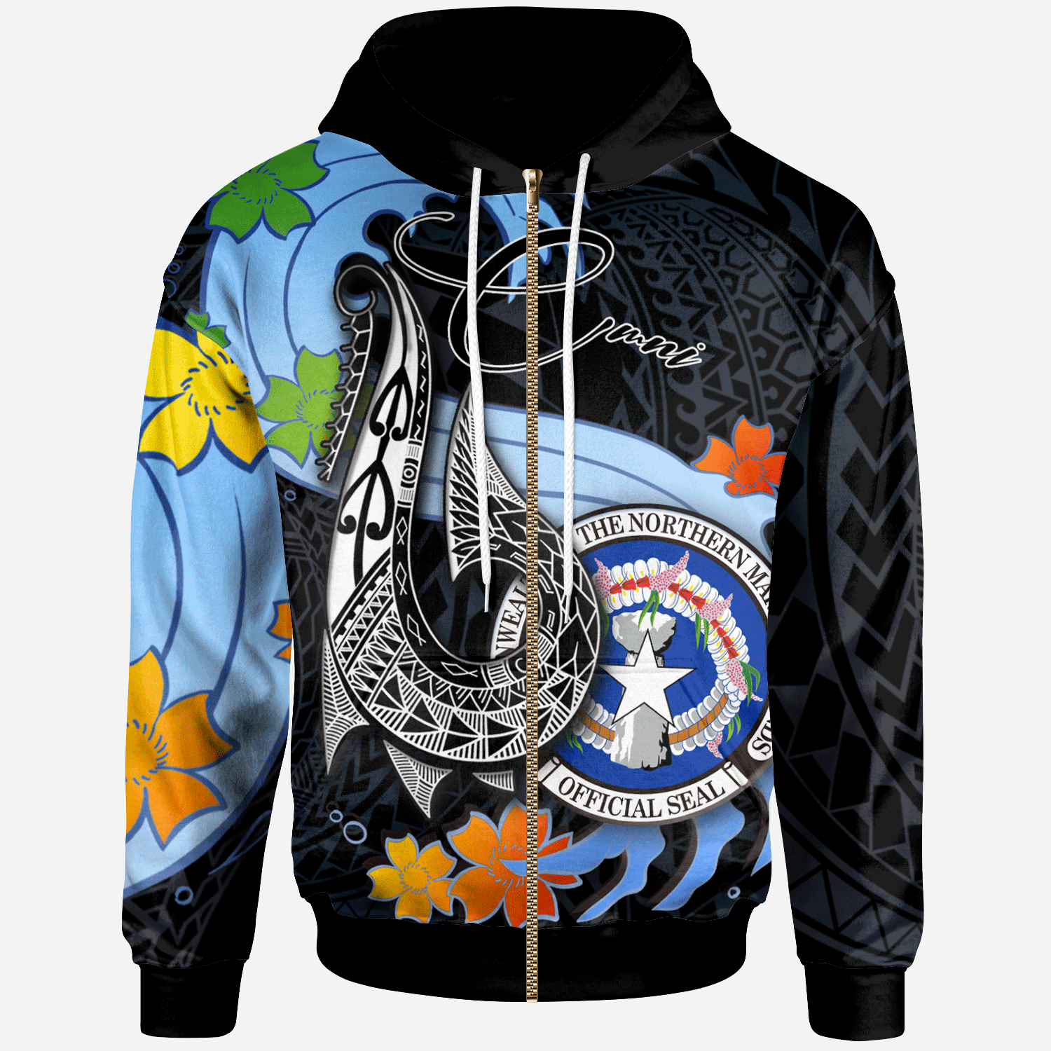 Northern Mariana Islands Zip Hoodie Fish Hooks and Wave Unisex Black - Polynesian Pride