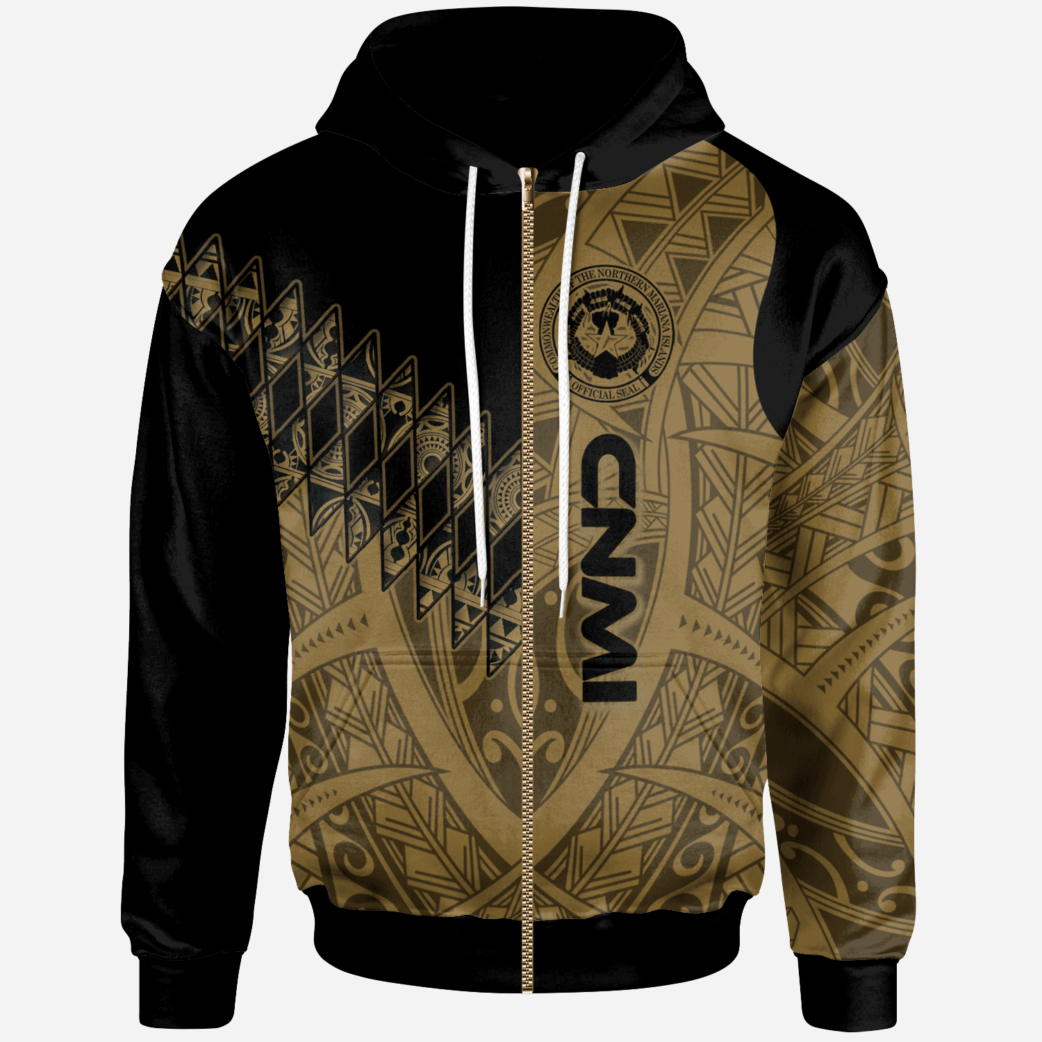 Northern Mariana Islands Zip Hoodie Gold Color Symmetry Style Unisex Black - Polynesian Pride