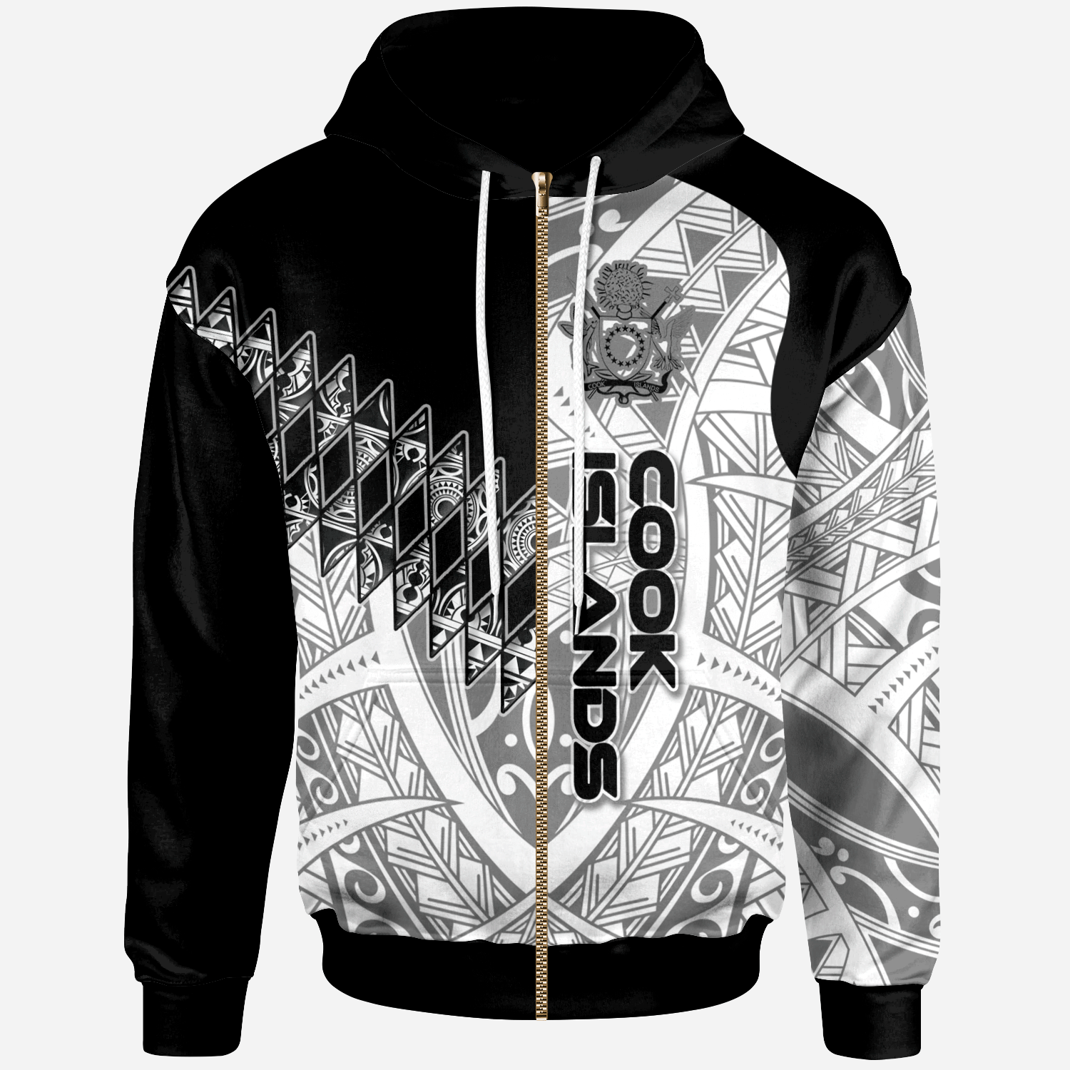 Cook Islands Zip Hoodie Symmetry Style Unisex Black - Polynesian Pride