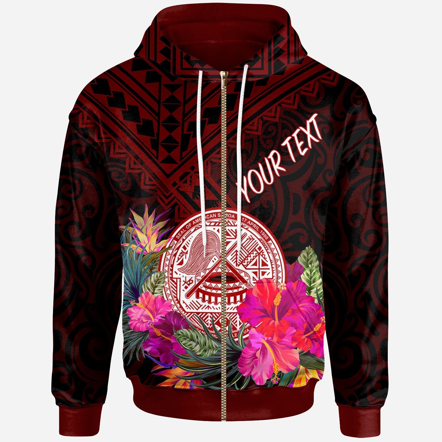 American Samoa Custom Zip up Hoodie Coat of Arm With Polynesian Patterns Unisex Red - Polynesian Pride