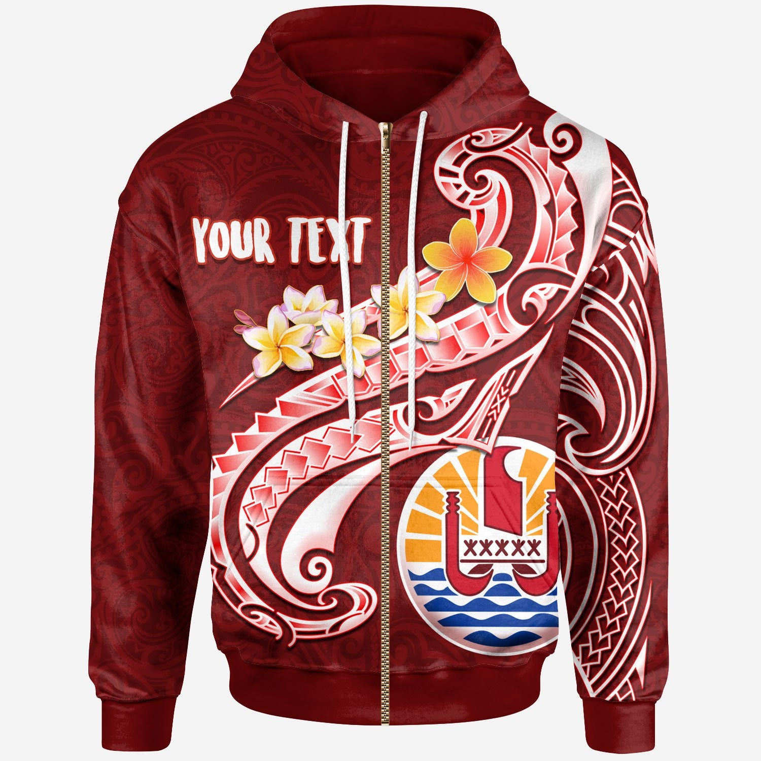 Tahiti Custom Zip up Hoodie Tahiti Seal Polynesian Patterns Plumeria Unisex Red - Polynesian Pride