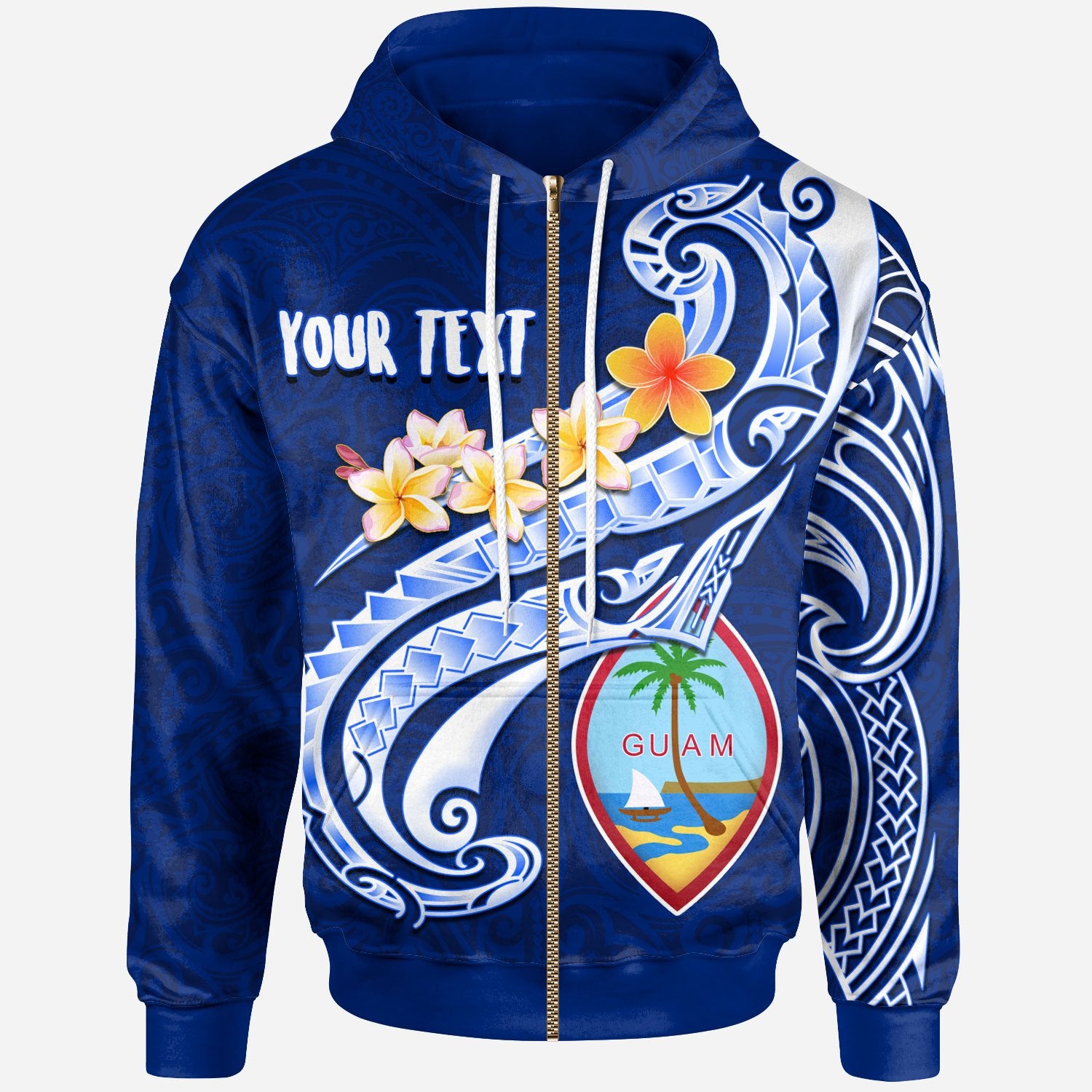 Guam Custom Zip up Hoodie Guam Seal Polynesian Patterns Plumeria (Blue) Unisex Blue - Polynesian Pride