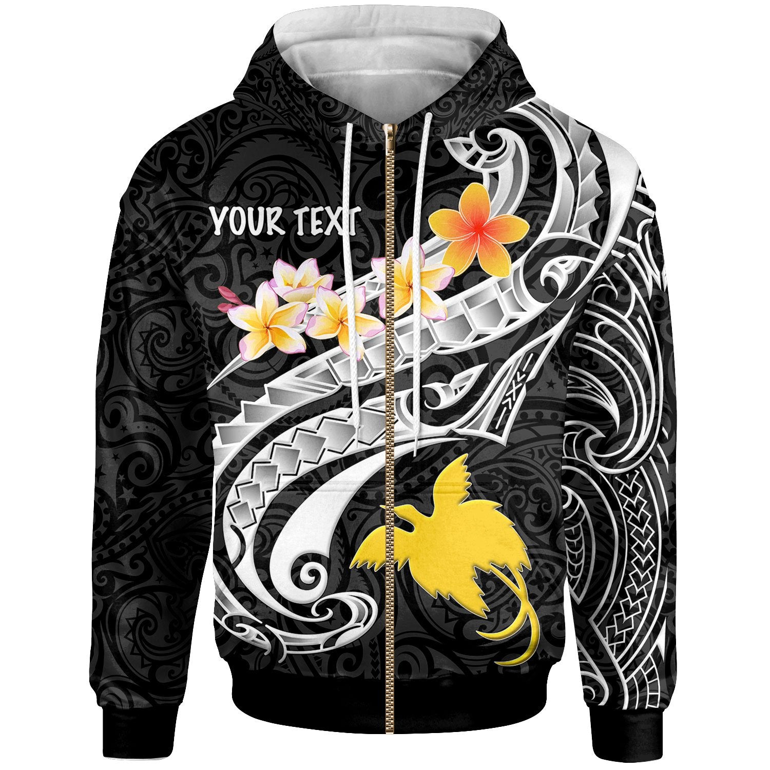 Papua New Guinea Custom Zip up Hoodie PNG Seal Polynesian Patterns Plumeria (Black) Unisex Black - Polynesian Pride