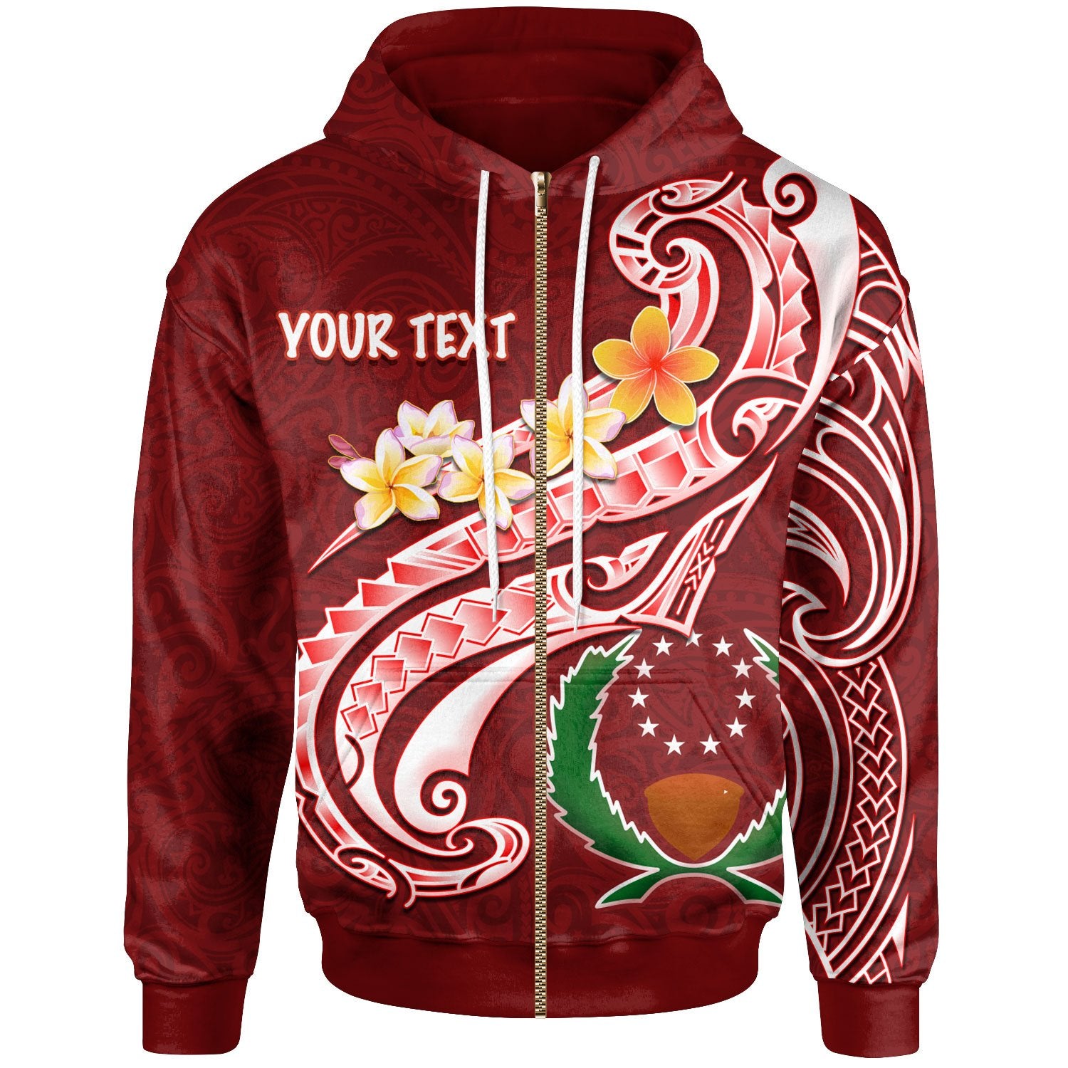 Pohnpei Custom Zip up Hoodie Pohnpei Seal Polynesian Patterns Plumeria Unisex Red - Polynesian Pride