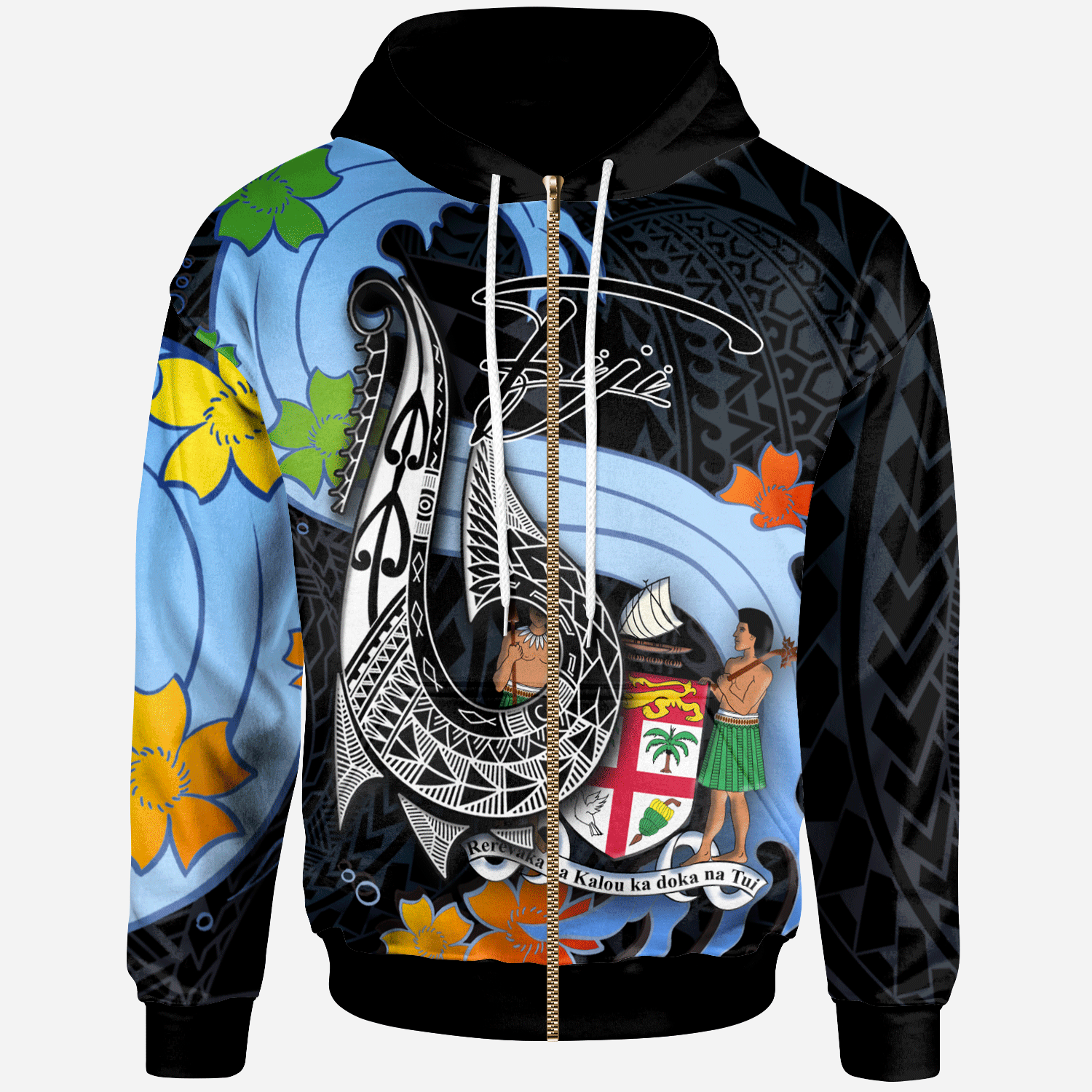 Fiji Zip Hoodie Fish Hooks and Wave Unisex Black - Polynesian Pride