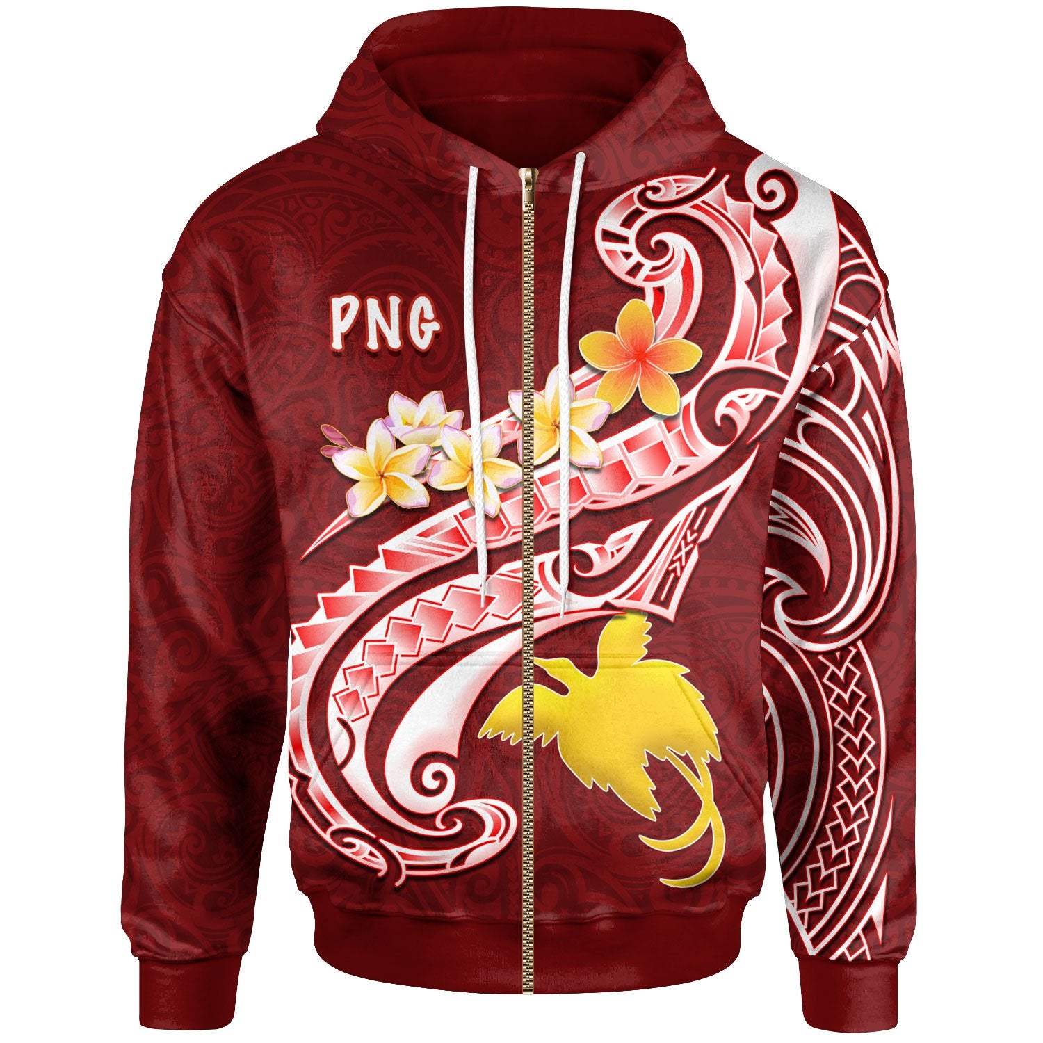 Papua New Guinea Zip up Hoodie PNG Seal Polynesian Patterns Plumeria Unisex Red - Polynesian Pride