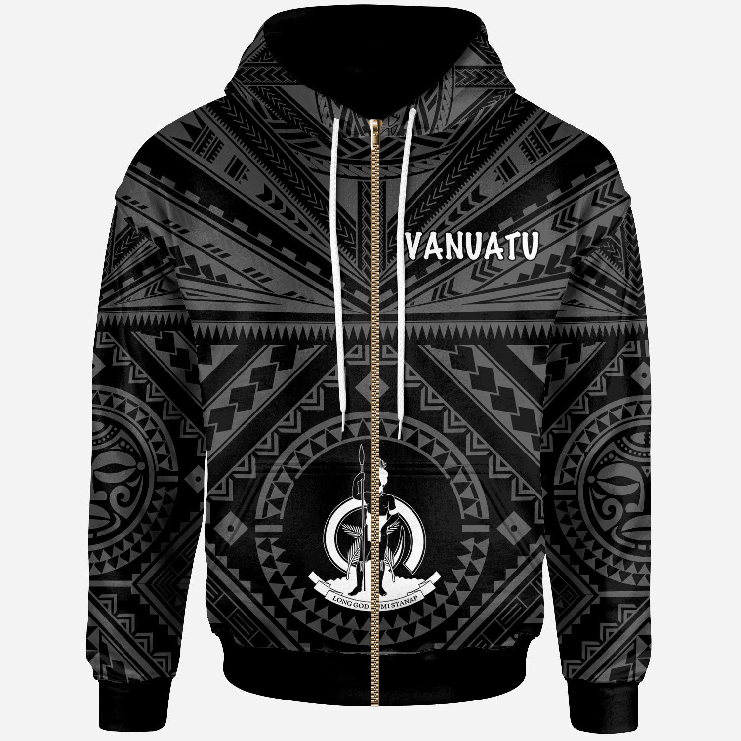 Vanuatu Custom Zip up Hoodie Vanuatu Seal With Polynesian Tattoo Style Unisex Black - Polynesian Pride