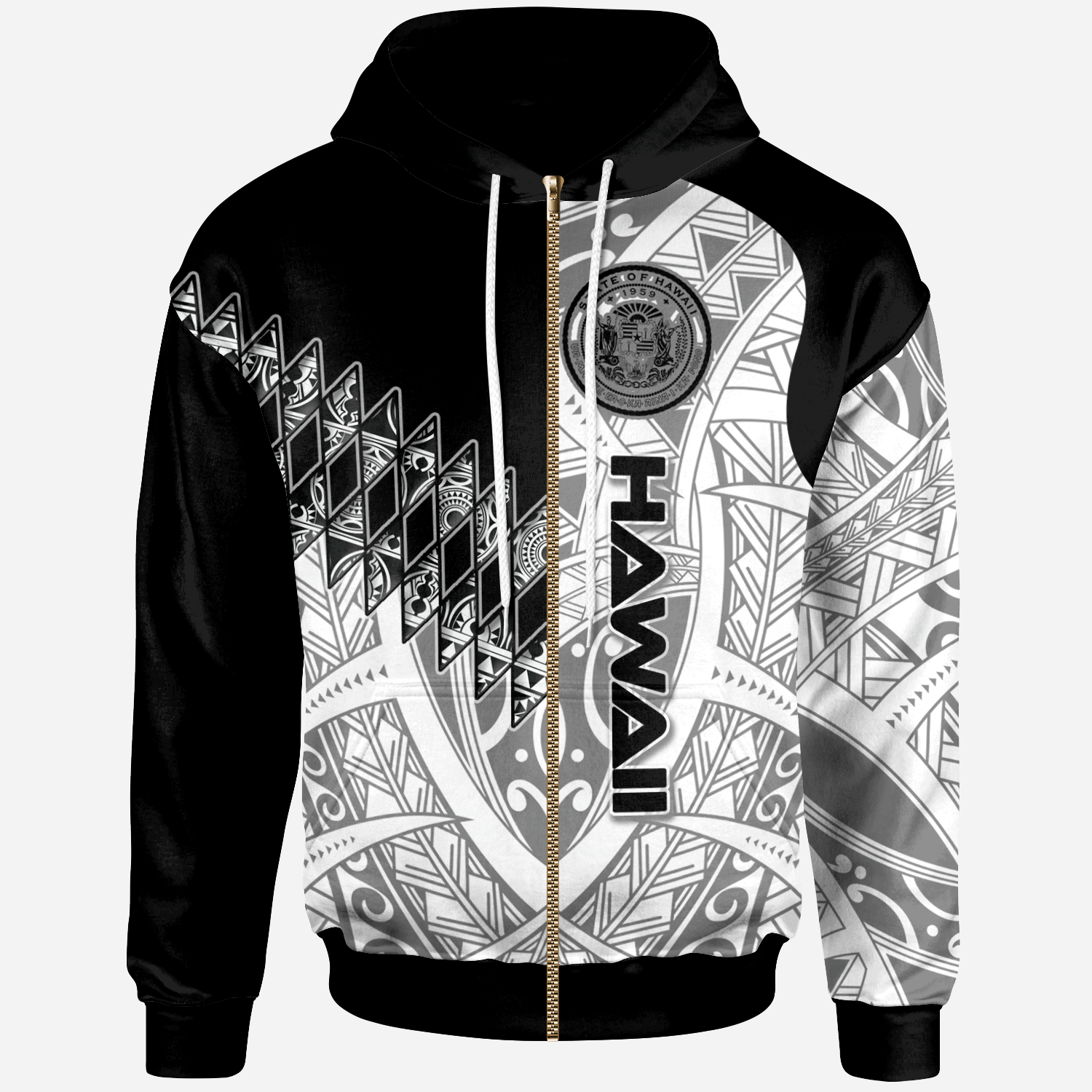 Hawaii Zip Hoodie Symmetry Style Unisex Black - Polynesian Pride