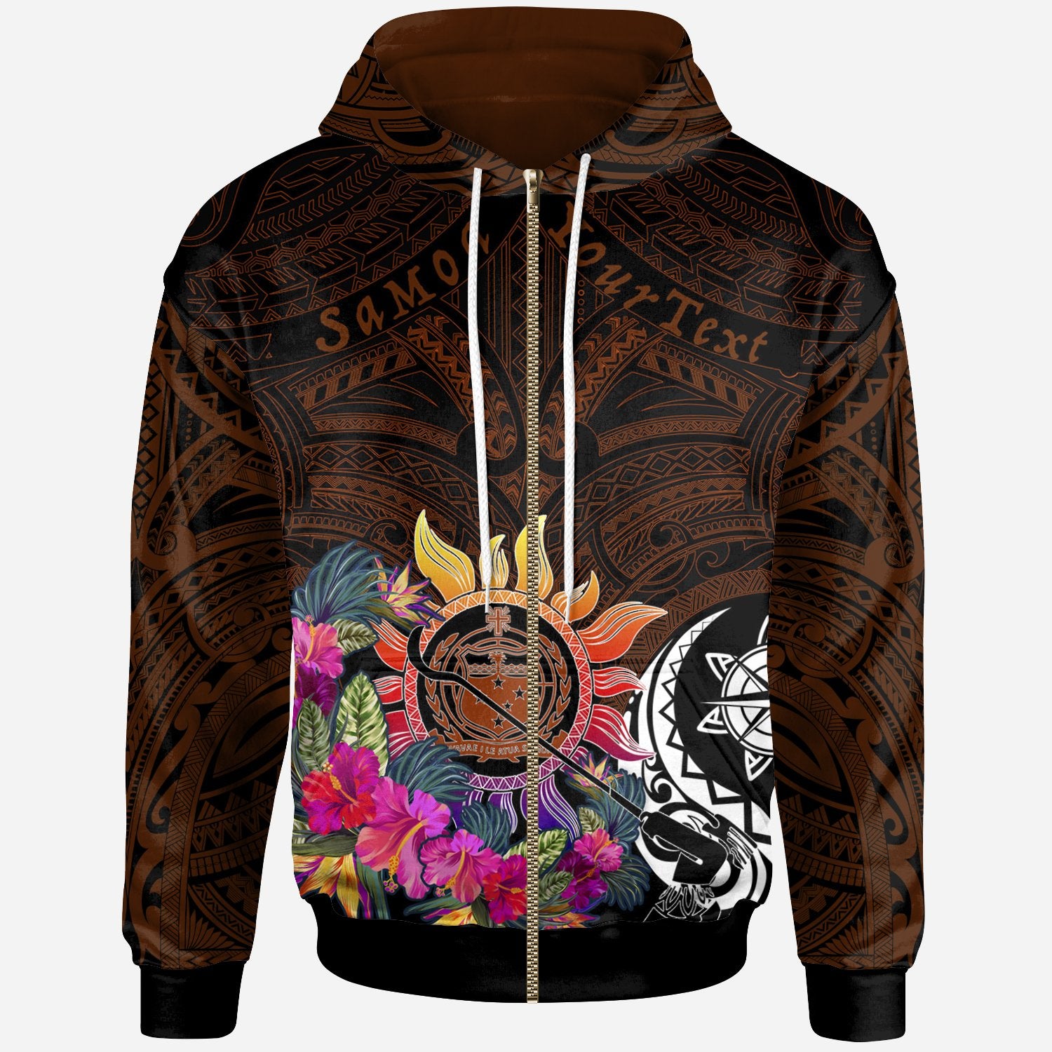 Custom Polynesian Zip up Hoodie Samoa Coat of Arm with Flowers & Polynesian Patterns Unisex Reggae - Polynesian Pride